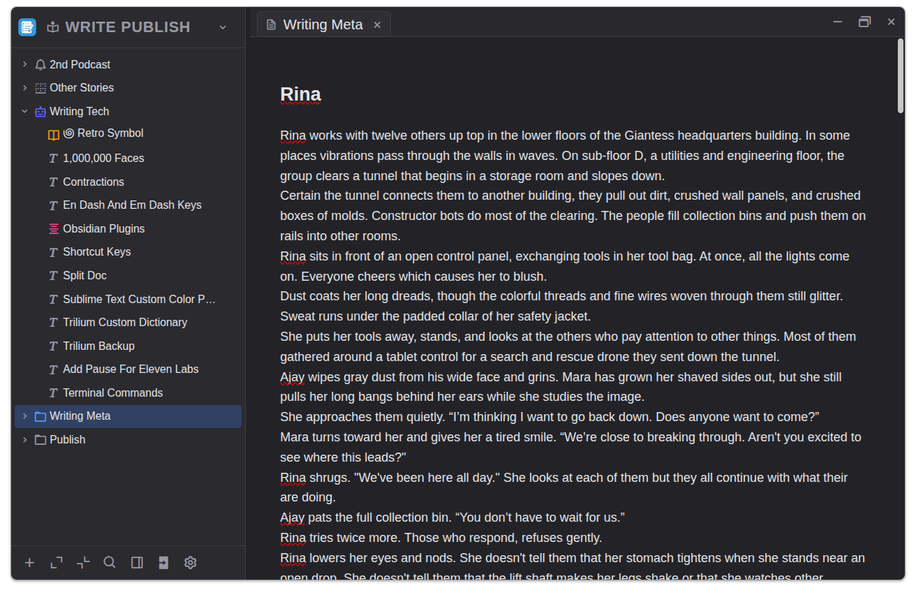 In20xx Notes writing view with folder tree on the left and the editor in the main pane
