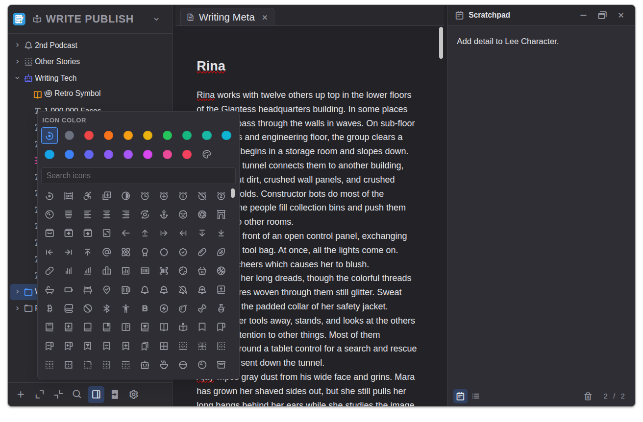 In20xx Notes with the scratchpad panel open and a folder icon and color picker displayed