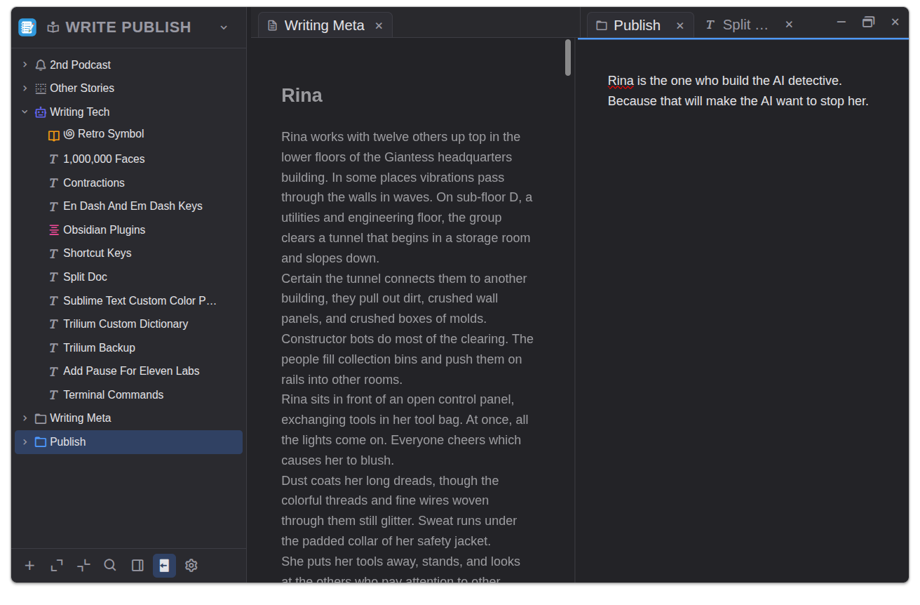 In20xx Notes with two notes open side by side, one dimmed writing note and one active publish note