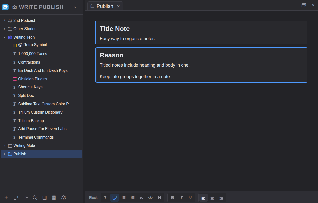 In20xx Notes publish note with a selected titled note block and formatting toolbar at the bottom